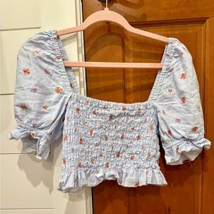 ALTARD STATE CROPPED PUFFED SLEEVE LINEN FLORAL BLOUSE